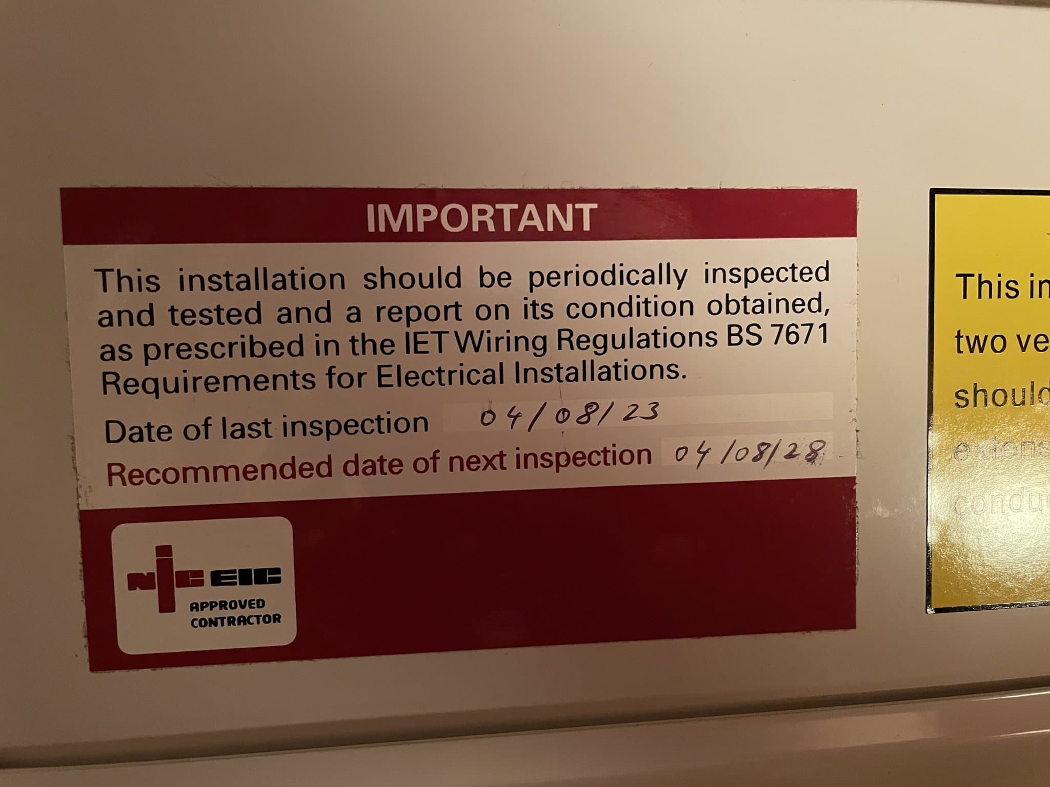 NICEIC periodic inspection label on the completed installation